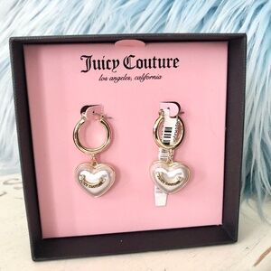 Juicy Couture Gold Tone Faux Pearl Heart Fashion Drop Earrings, New In Box